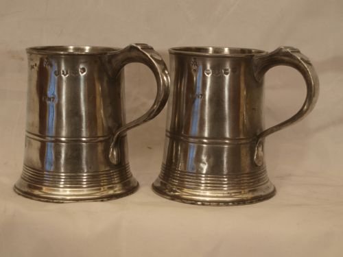a pair of antique english pewter 1 pint measures or tankards circa 1830 by john curruthers crane of bewdley