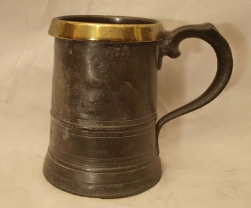 antique english pewter 1 quart measure with brass rim london circa 1880