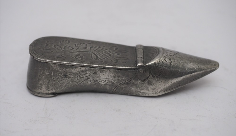 antique english pewter ladies shoe snuff box circa 1840