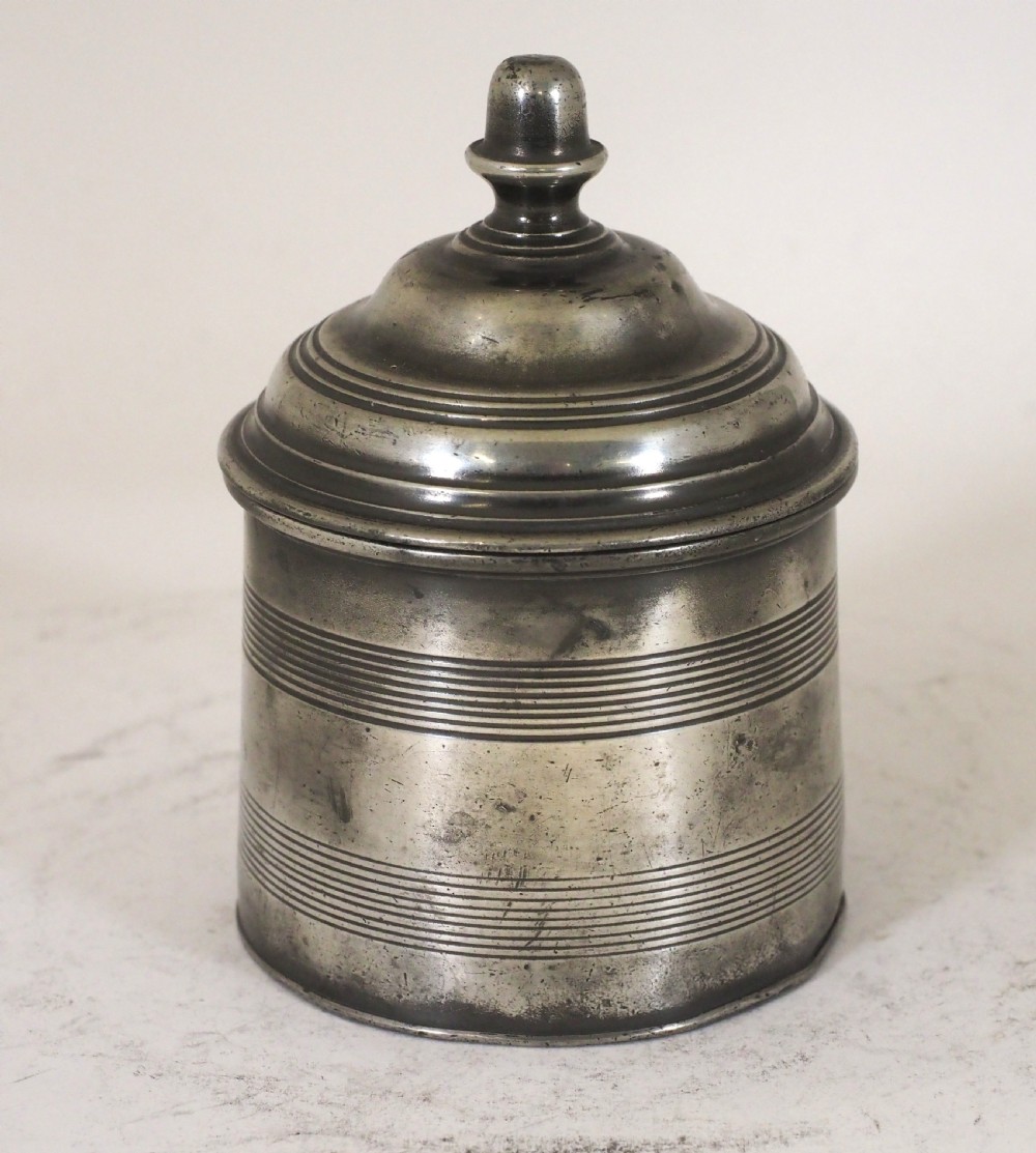 antique english pewter tobacco jar with presser acorn finial circa 1830