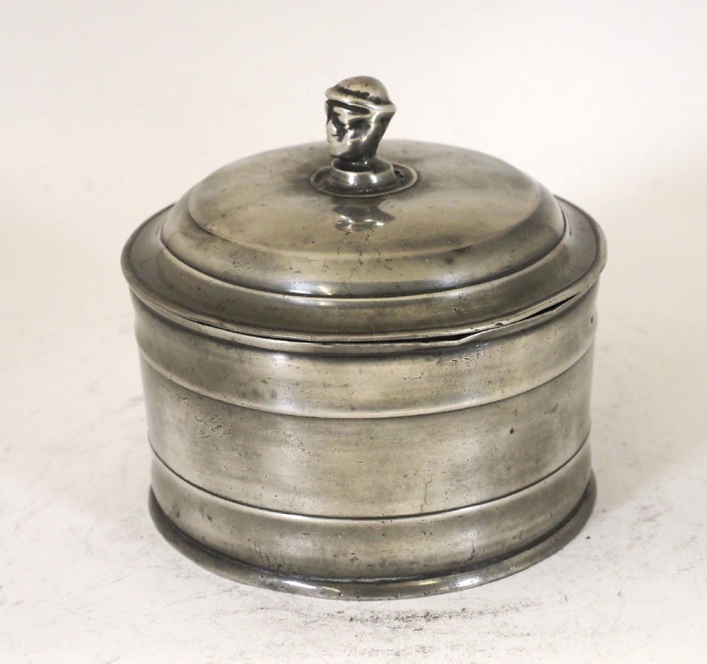 antique english pewter tobacco jar with mans head original presser circa 1830