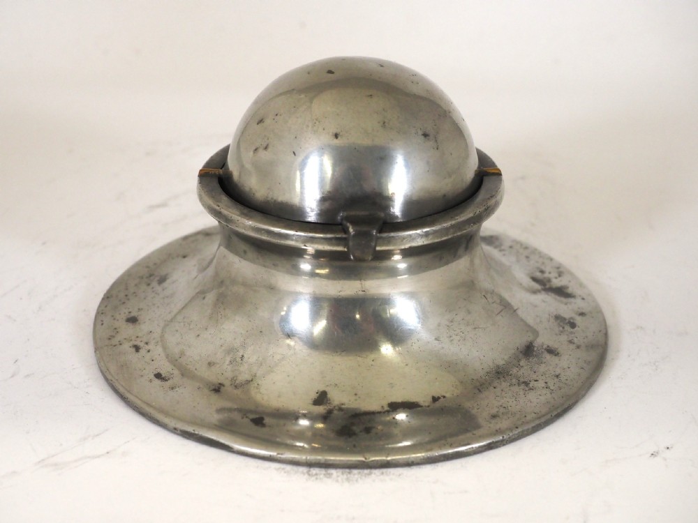 antique english pewter dome lid ships inkwell with glass liner circa 1800